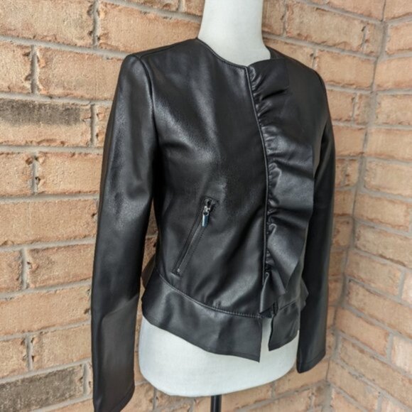 Zara black ruffle faux leather moto jacket - Picture 2 of 5